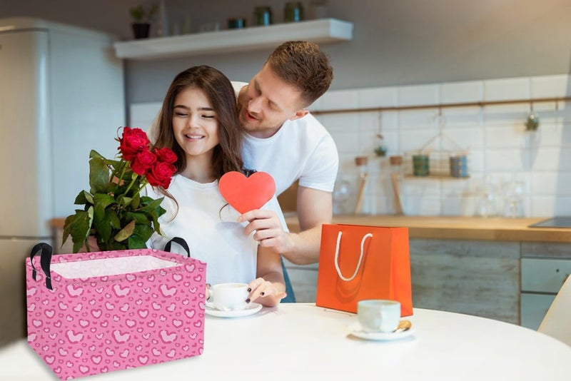 ESSME Rectangular Valentine's Day Basket,Pink Heart Storage Bins Organizer with Handles for Girls Room Decor, Gift Basket,Shelf Basket.(Leopard print heart) - Image 3